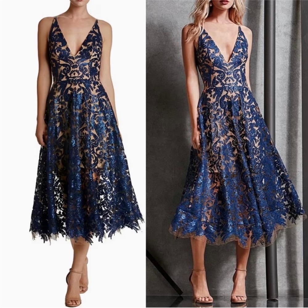Dress the Population‎ Halle Sleeveless Sequin Embroidered Midi Dress Navy Nude S